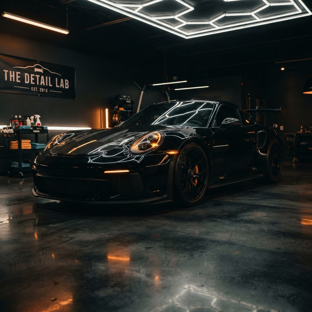 Czarne auto sportowe po korekcie lakieru w hali Kwarc Studio, w bursztynowym świetle studyjnym
